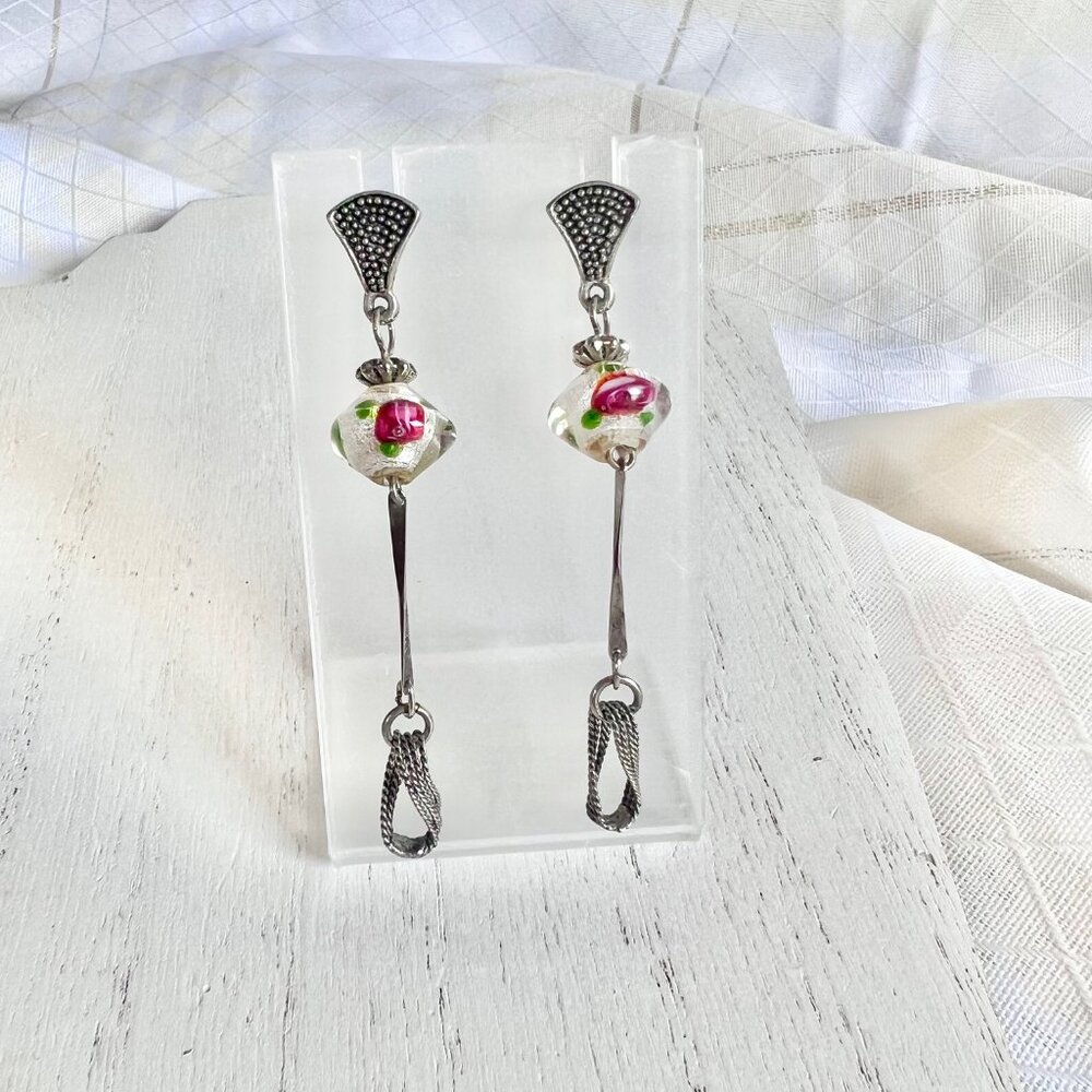 Silvertone Vintage Glass Beaded Floral Dangle Earrings, Costume Jewelry